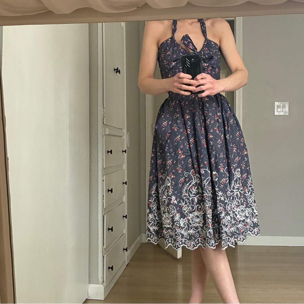 Vintage Navy Tie Bust Halter dress w/ Polka Dot Floral Strawberry Print Lace Hem